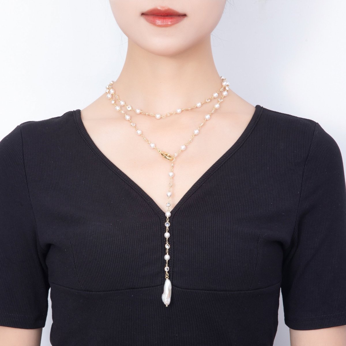 16K Gold Filled 6mm Clear Round CZ White Shell Baroque Pearl Lariat Gemstone 34 Inch Necklace | WA-00210 - DLUXCA