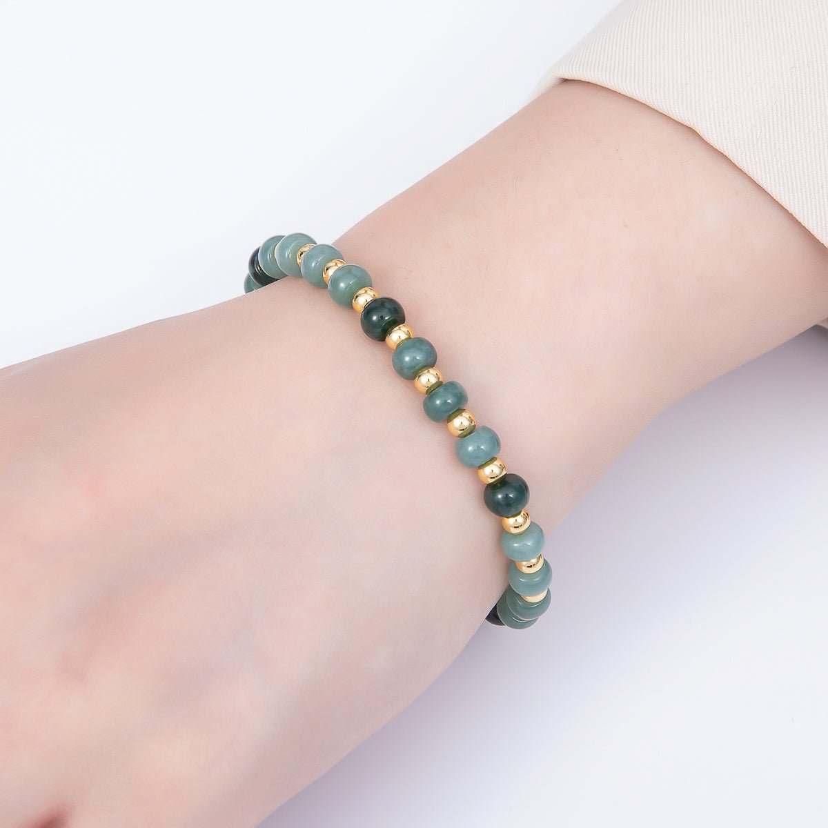 16K Gold Filled 6mm Green Aventurine Rondelle Gemstone Chain 7 Inch Bracelet w. Extender | WA-00217 - DLUXCA