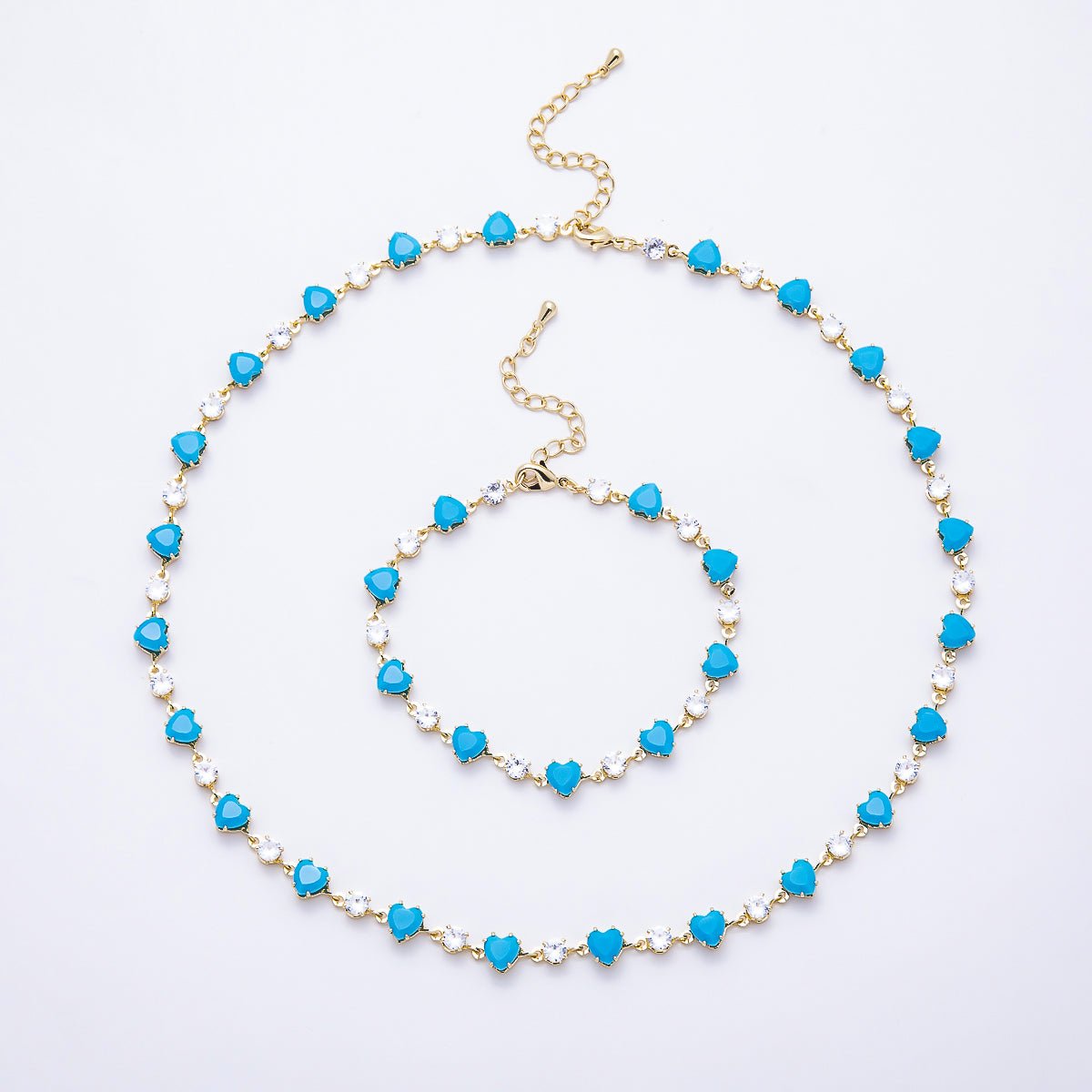 16K Gold Filled 6mm Heart Turquoise Round CZ Station Necklace and Bracelet Set | WA-00421 - DLUXCA