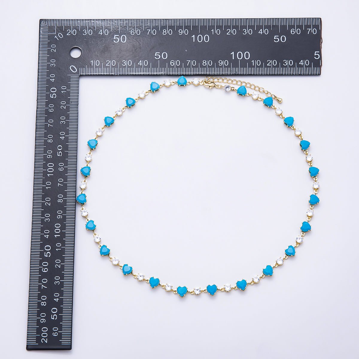 16K Gold Filled 6mm Heart Turquoise Round CZ Station Necklace and Bracelet Set | WA-00421 - DLUXCA