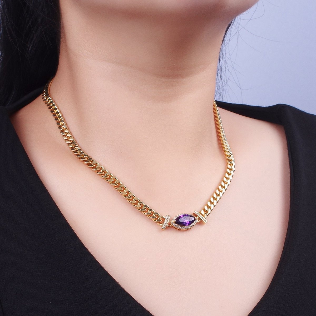 16K Gold Filled 6mm Marquise Micro Paved CZ Solitaire Curb Chain 18 Inch Necklace | WA - 01212 - DLUXCA