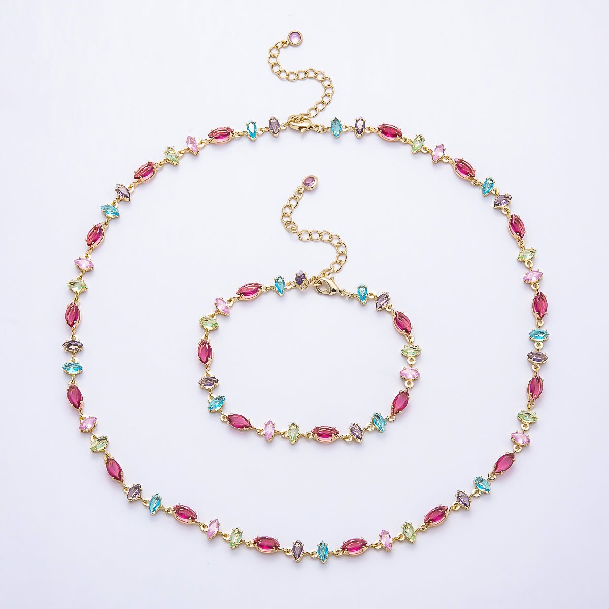 16K Gold Filled 6mm Multicolor Marquise CZ Station 17 Inch Necklace and Bracelet Set | WA-00426 - DLUXCA