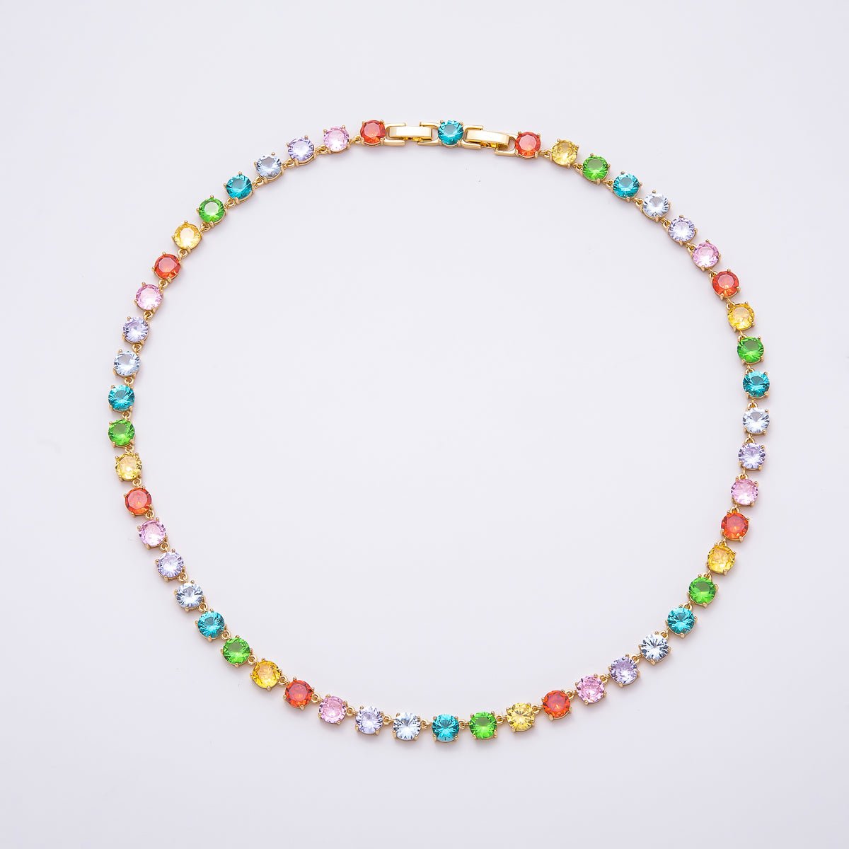 16K Gold Filled 6mm Multicolor Rainbow Round CZ Tennis Chain 17 Inch Adjustable Necklace | WA-04599 - DLUXCA
