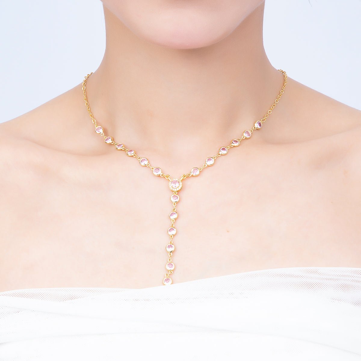 16K Gold Filled 6mm Pink Round Bezel Micro Paved CZ Lariat Cable Chain 17 Inch Necklace | WA-04722 - DLUXCA