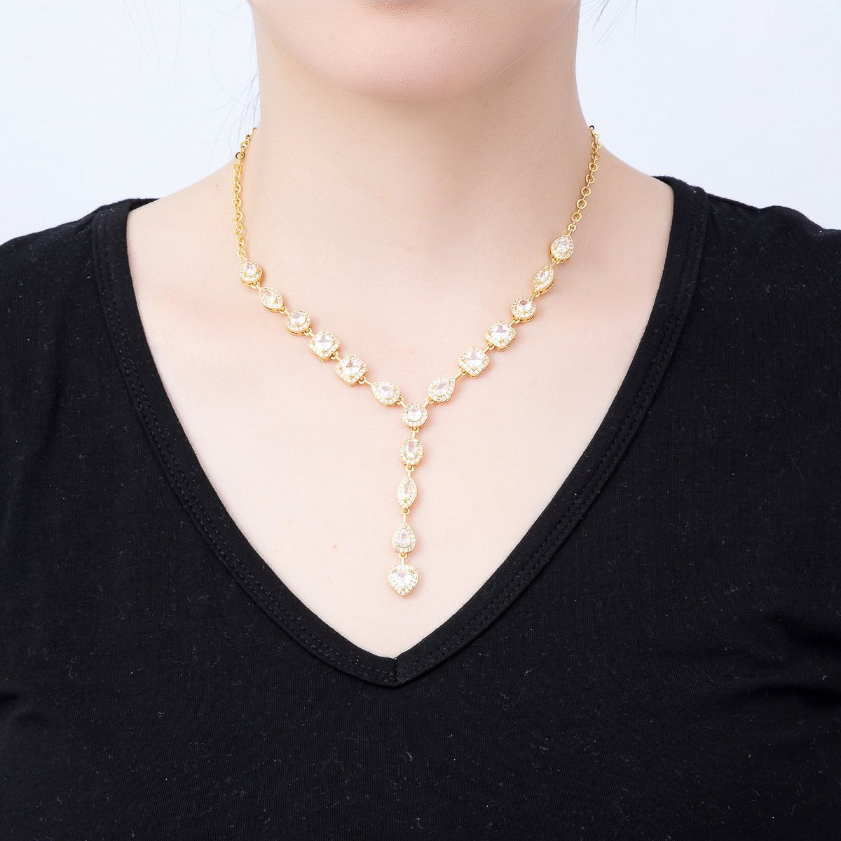 16K Gold Filled 7.5mm Blue, Clear Multi Cut Micro Paved CZ Half Cable Lariat Chain 17 Inch Necklace | WA-00026 WA-02620 - DLUXCA