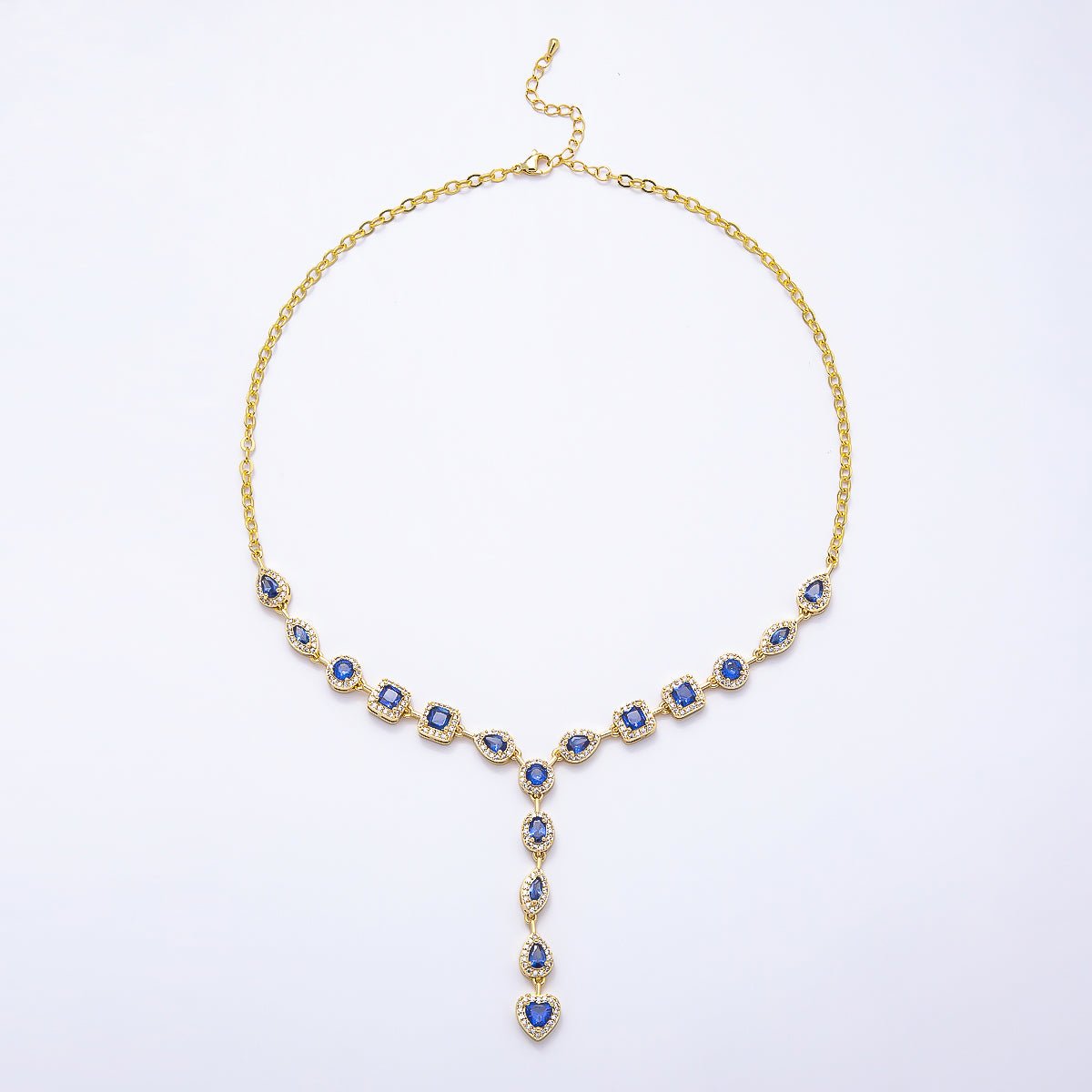 16K Gold Filled 7.5mm Blue, Clear Multi Cut Micro Paved CZ Half Cable Lariat Chain 17 Inch Necklace | WA-00026 WA-02620 - DLUXCA