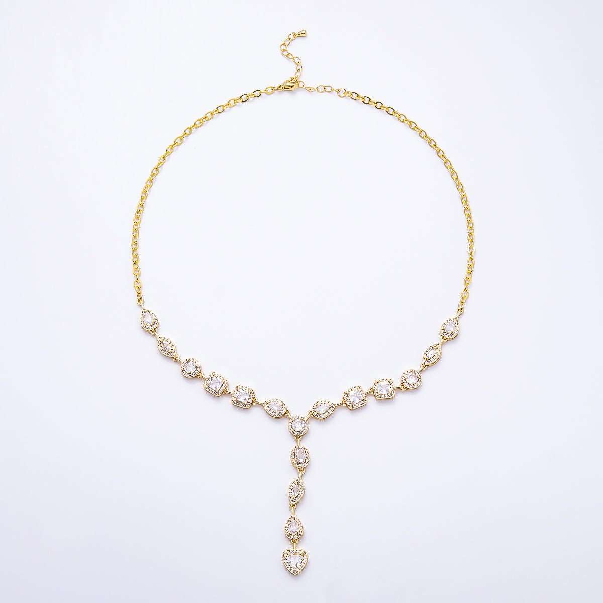 16K Gold Filled 7.5mm Blue, Clear Multi Cut Micro Paved CZ Half Cable Lariat Chain 17 Inch Necklace | WA-00026 WA-02620 - DLUXCA