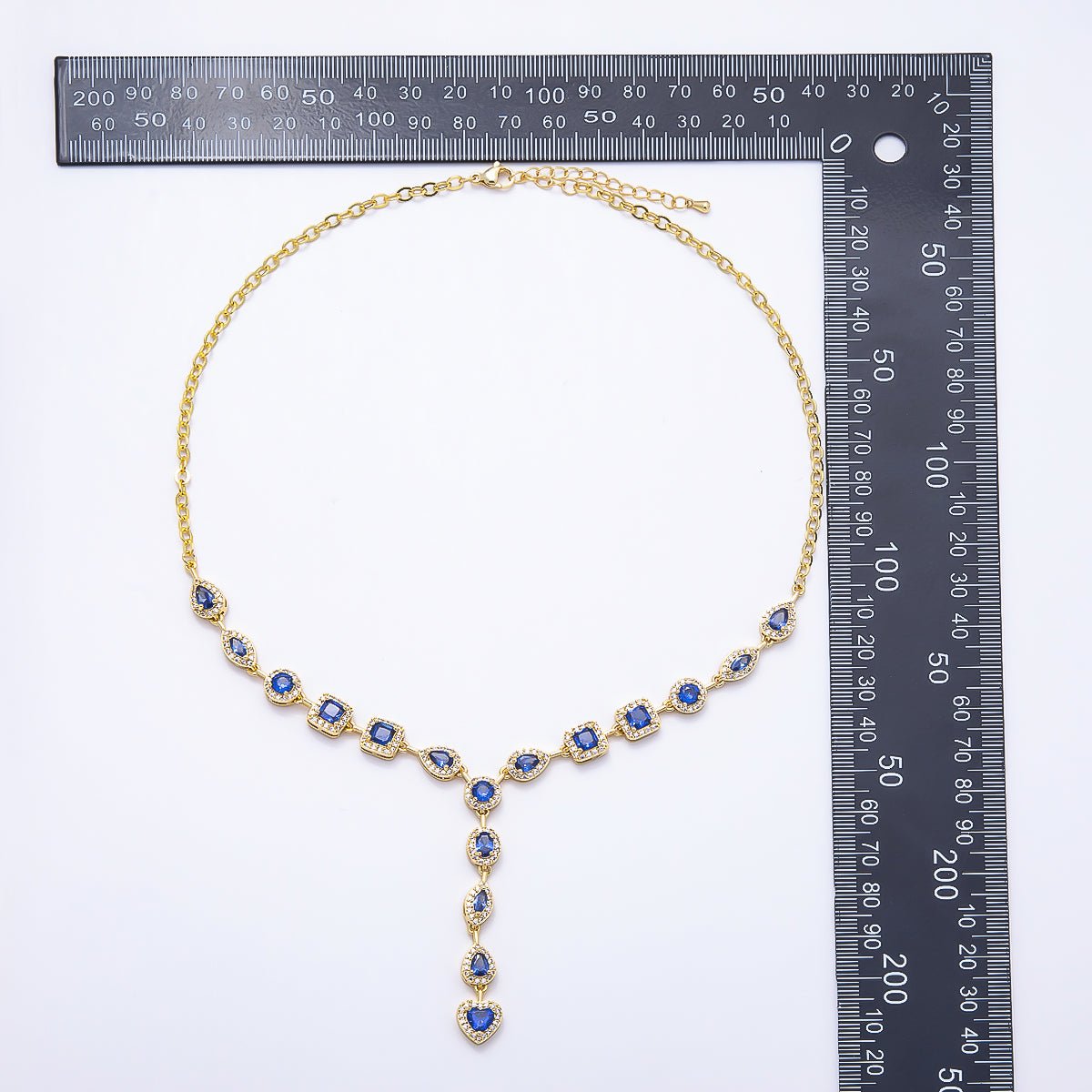 16K Gold Filled 7.5mm Blue, Clear Multi Cut Micro Paved CZ Half Cable Lariat Chain 17 Inch Necklace | WA-00026 WA-02620 - DLUXCA