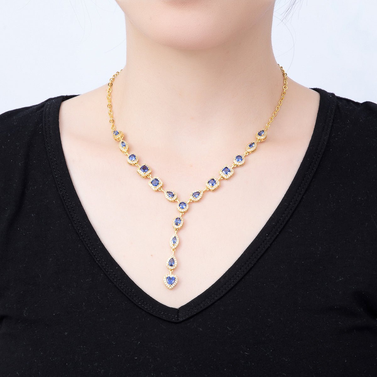 16K Gold Filled 7.5mm Blue, Clear Multi Cut Micro Paved CZ Half Cable Lariat Chain 17 Inch Necklace | WA-00026 WA-02620 - DLUXCA