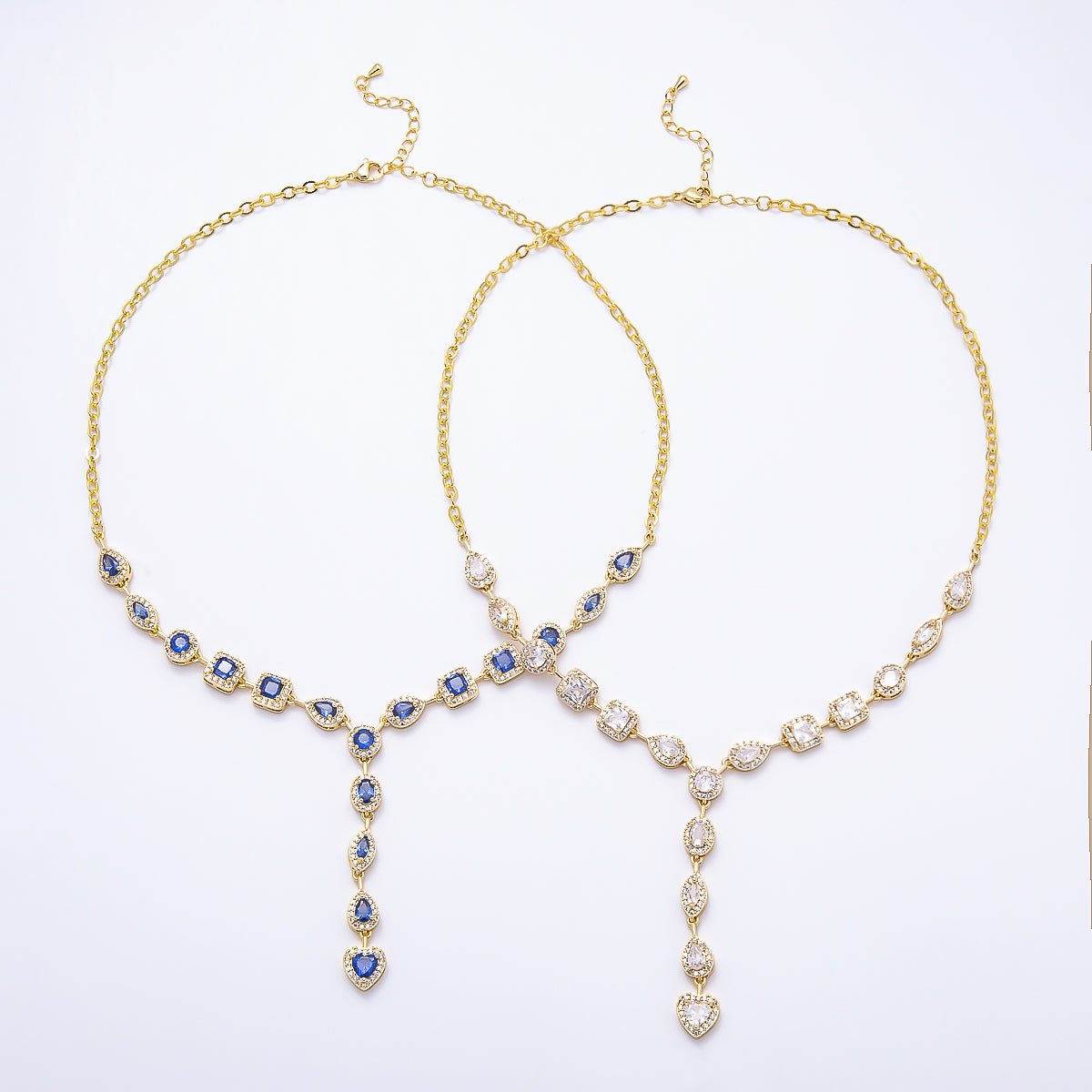 16K Gold Filled 7.5mm Blue, Clear Multi Cut Micro Paved CZ Half Cable Lariat Chain 17 Inch Necklace | WA-00026 WA-02620 - DLUXCA