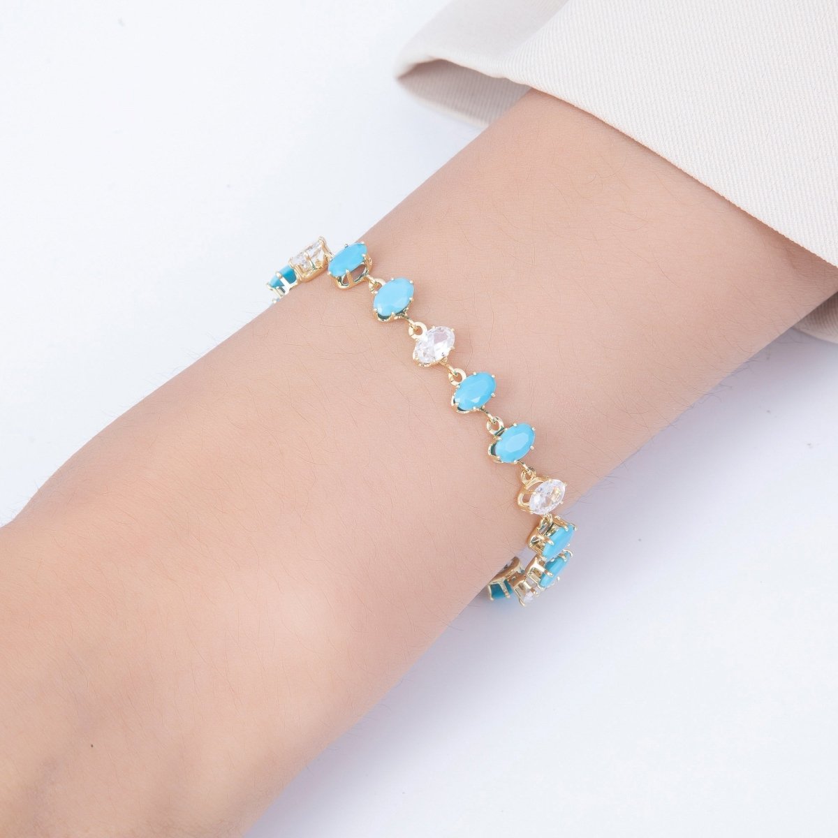 16K Gold Filled 7mm Double Turquoise Marquise CZ Station Necklace and Bracelet Set | WA-00419 - DLUXCA