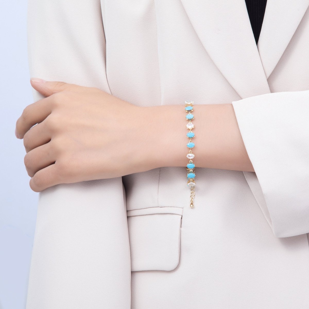 16K Gold Filled 7mm Double Turquoise Marquise CZ Station Necklace and Bracelet Set | WA-00419 - DLUXCA