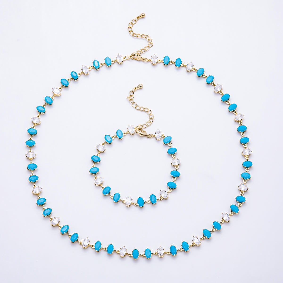 16K Gold Filled 7mm Double Turquoise Marquise CZ Station Necklace and Bracelet Set | WA-00419 - DLUXCA
