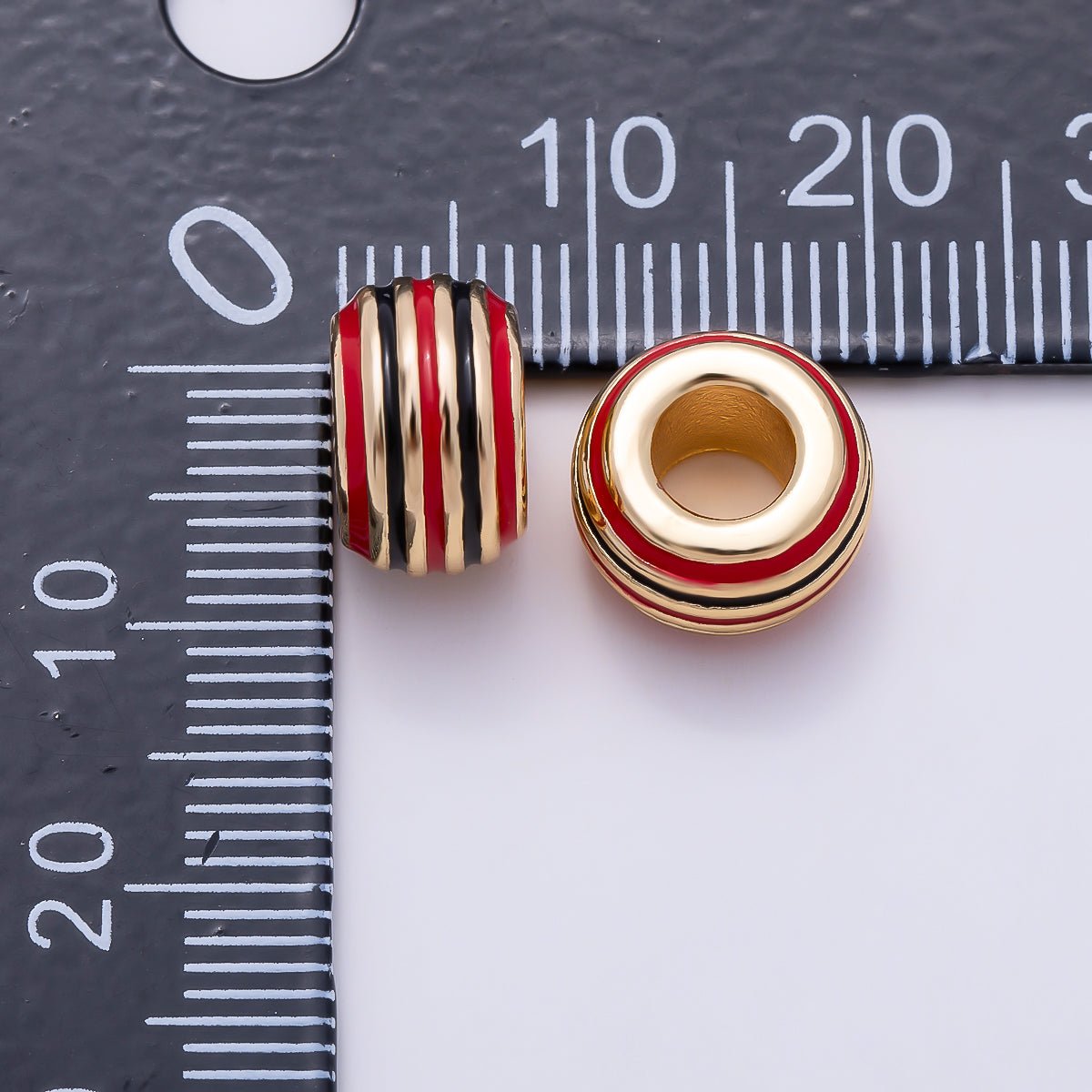 16K Gold Filled 7mm Multicolor Lined Enamel Large Hole Rondelle Bead | Beads-00490 ~ Beads-00501 - DLUXCA