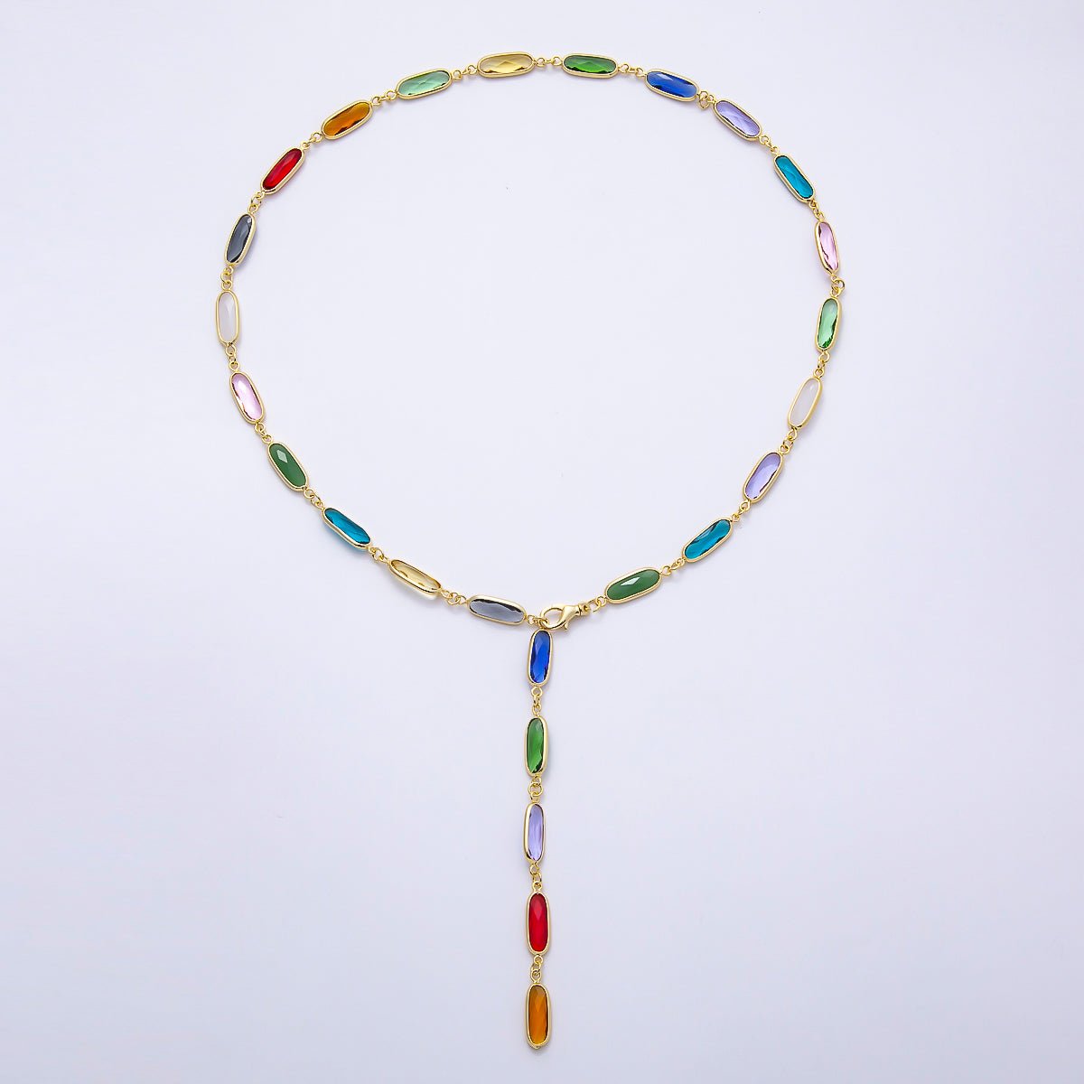 16K Gold Filled 7mm Multicolor Oval Bezel CZ Crystal Lariat 25 Inch Necklace | WA-00412 - DLUXCA
