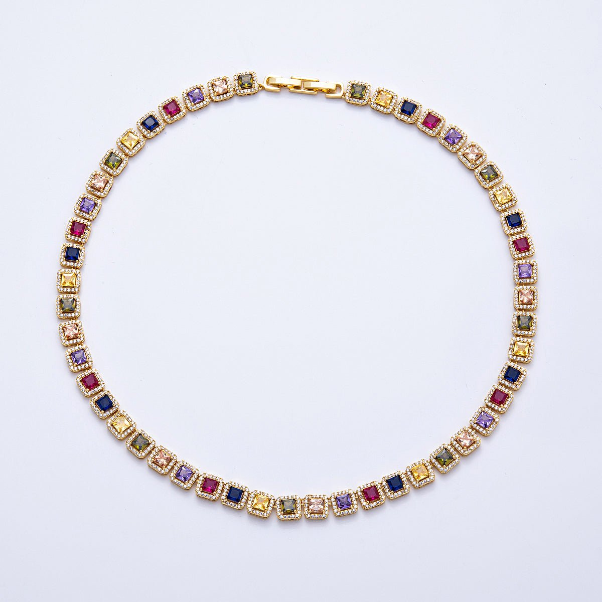 16K Gold Filled 7mm Multicolor Square Micro Paved CZ Tennis Chain 16 Inch Choker Necklace | WA - 04210 - DLUXCA