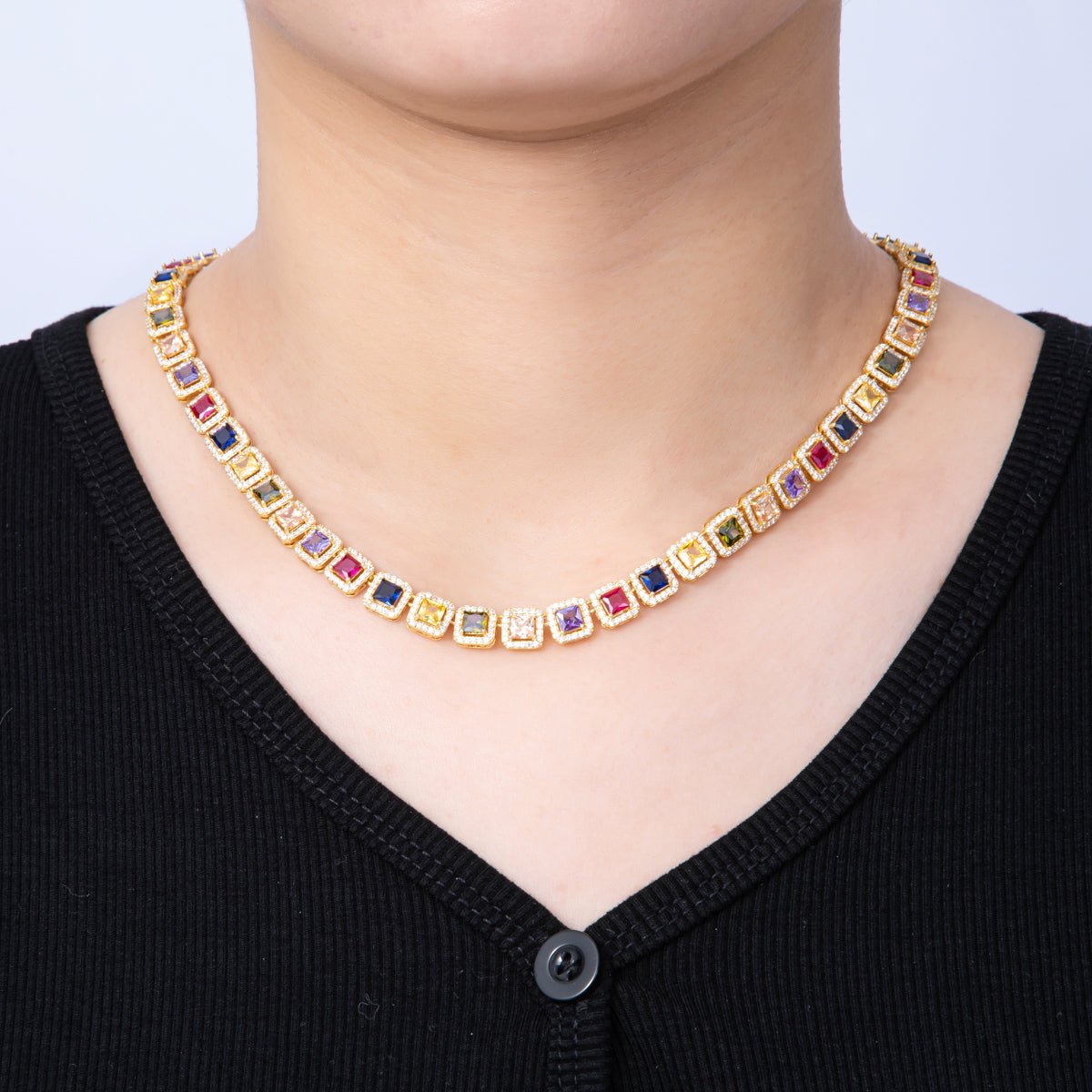 16K Gold Filled 7mm Multicolor Square Micro Paved CZ Tennis Chain 16 Inch Choker Necklace | WA - 04210 - DLUXCA