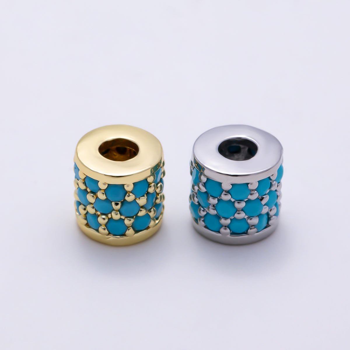 16K Gold Filled 7mm Turquoise Micro Paved Wide Bead in Gold & Silver | Beads-00514 Beads-00515 - DLUXCA