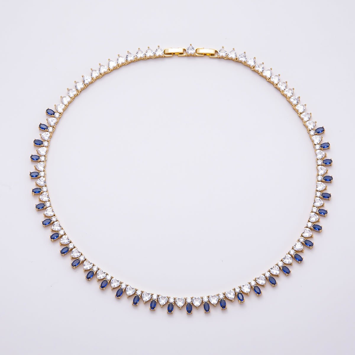 16K Gold Filled 8mm Blue Clear Oval Heart Tennis Chain 17 Inch Adjustable Necklace | WA - 04547 - DLUXCA