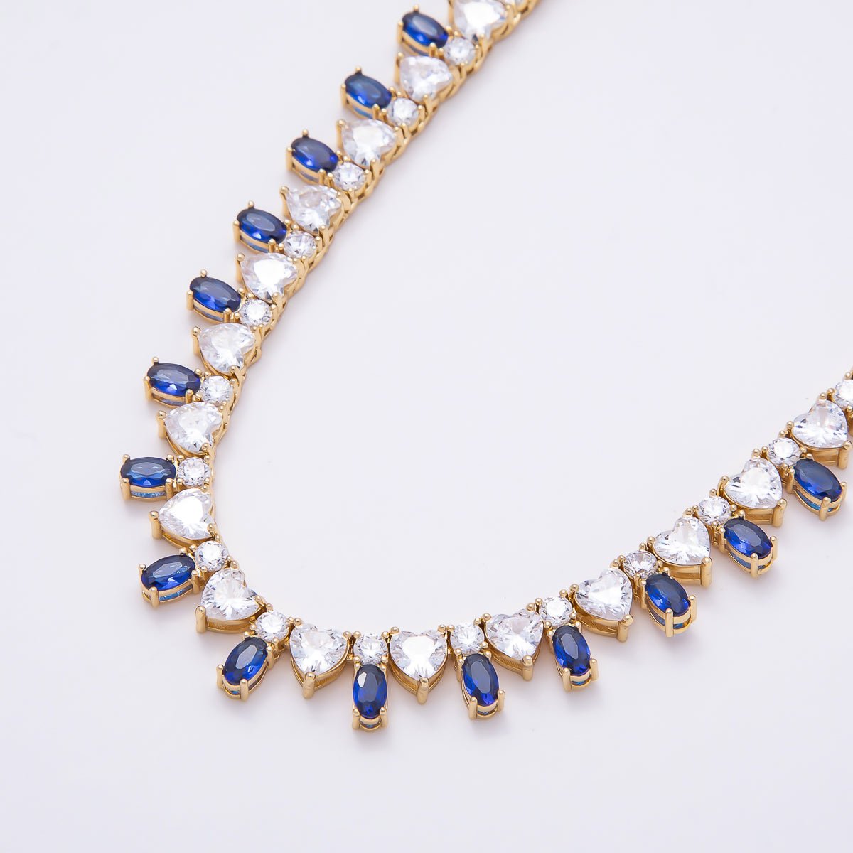 16K Gold Filled 8mm Blue Clear Oval Heart Tennis Chain 17 Inch Adjustable Necklace | WA - 04547 - DLUXCA