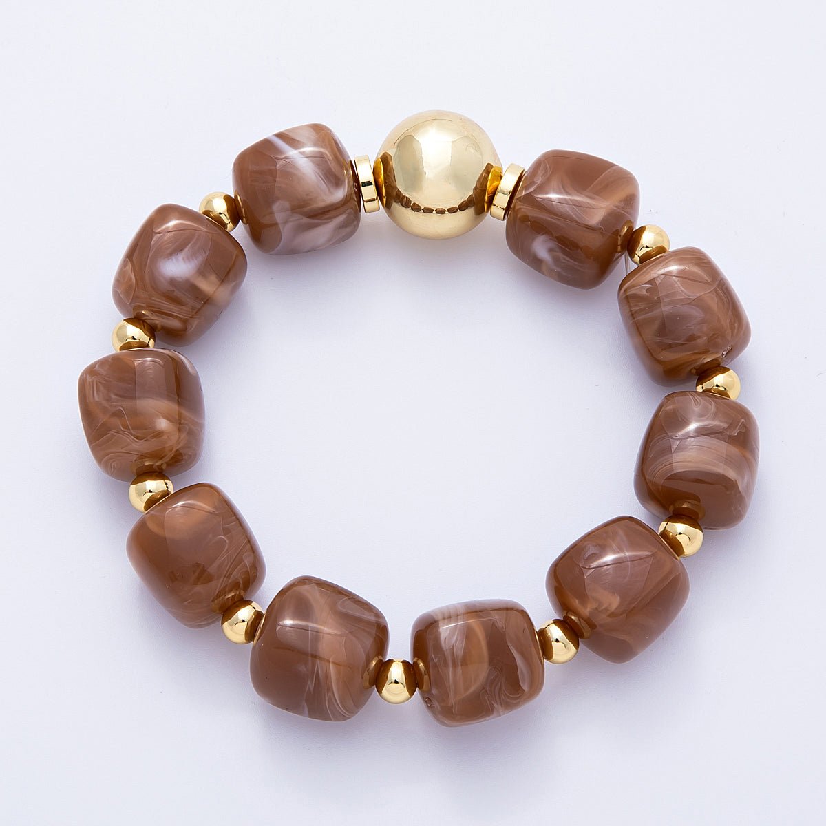 16K Gold Filled 8mm Brown, Green Marble Resin Bead Geometric Stretch Bracelet | WA - 4147 WA - 4148 - DLUXCA