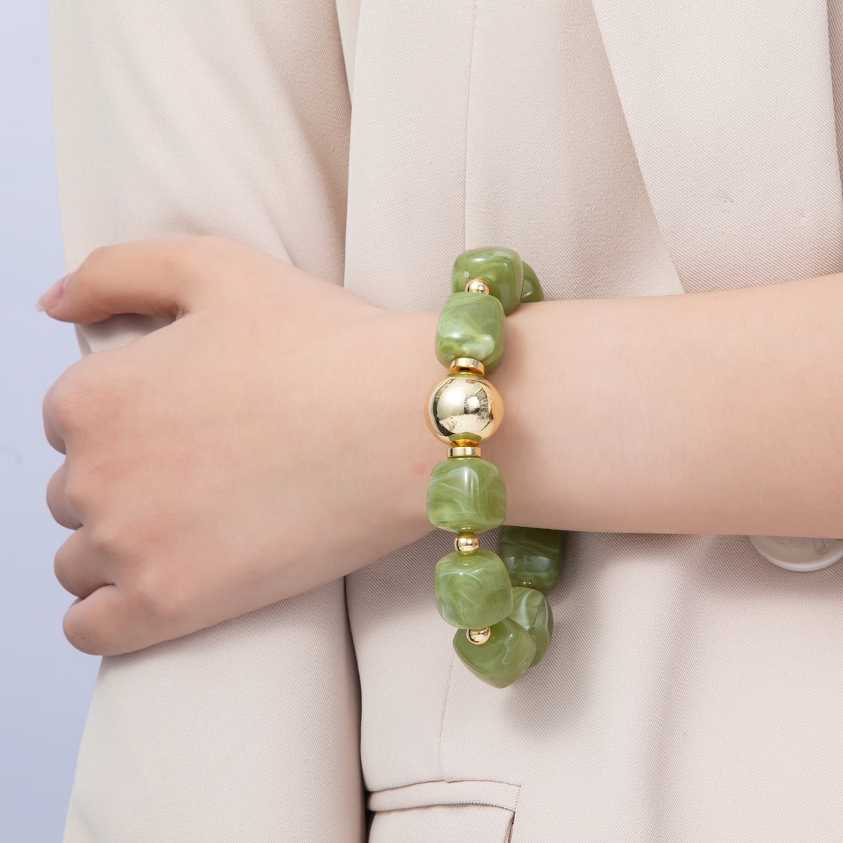 16K Gold Filled 8mm Brown, Green Marble Resin Bead Geometric Stretch Bracelet | WA - 4147 WA - 4148 - DLUXCA