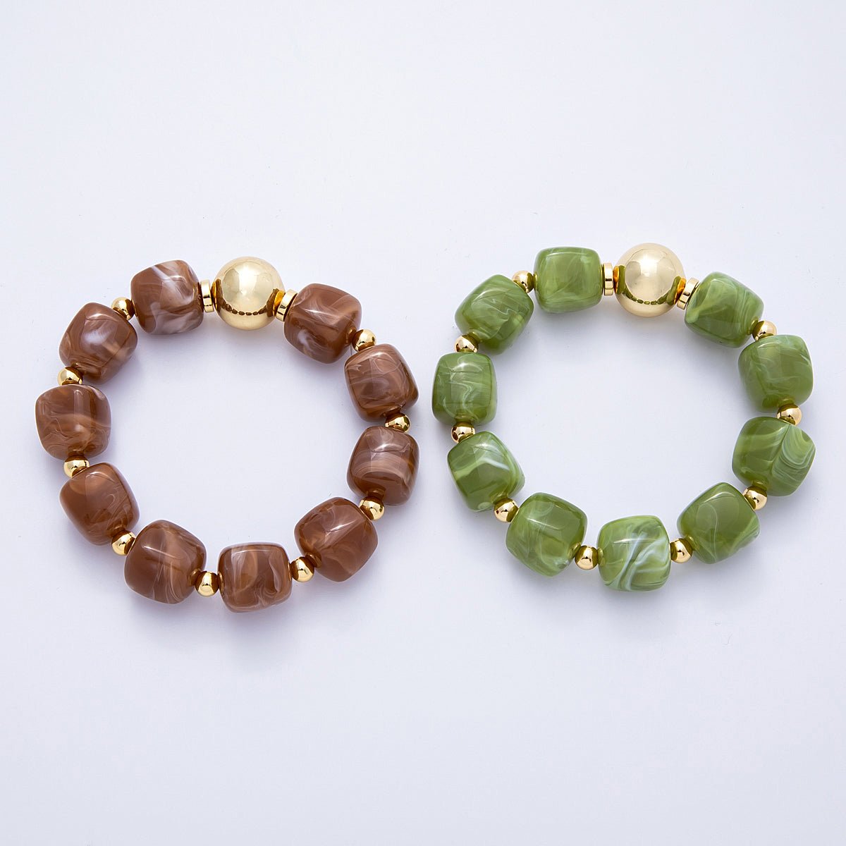 16K Gold Filled 8mm Brown, Green Marble Resin Bead Geometric Stretch Bracelet | WA - 4147 WA - 4148 - DLUXCA