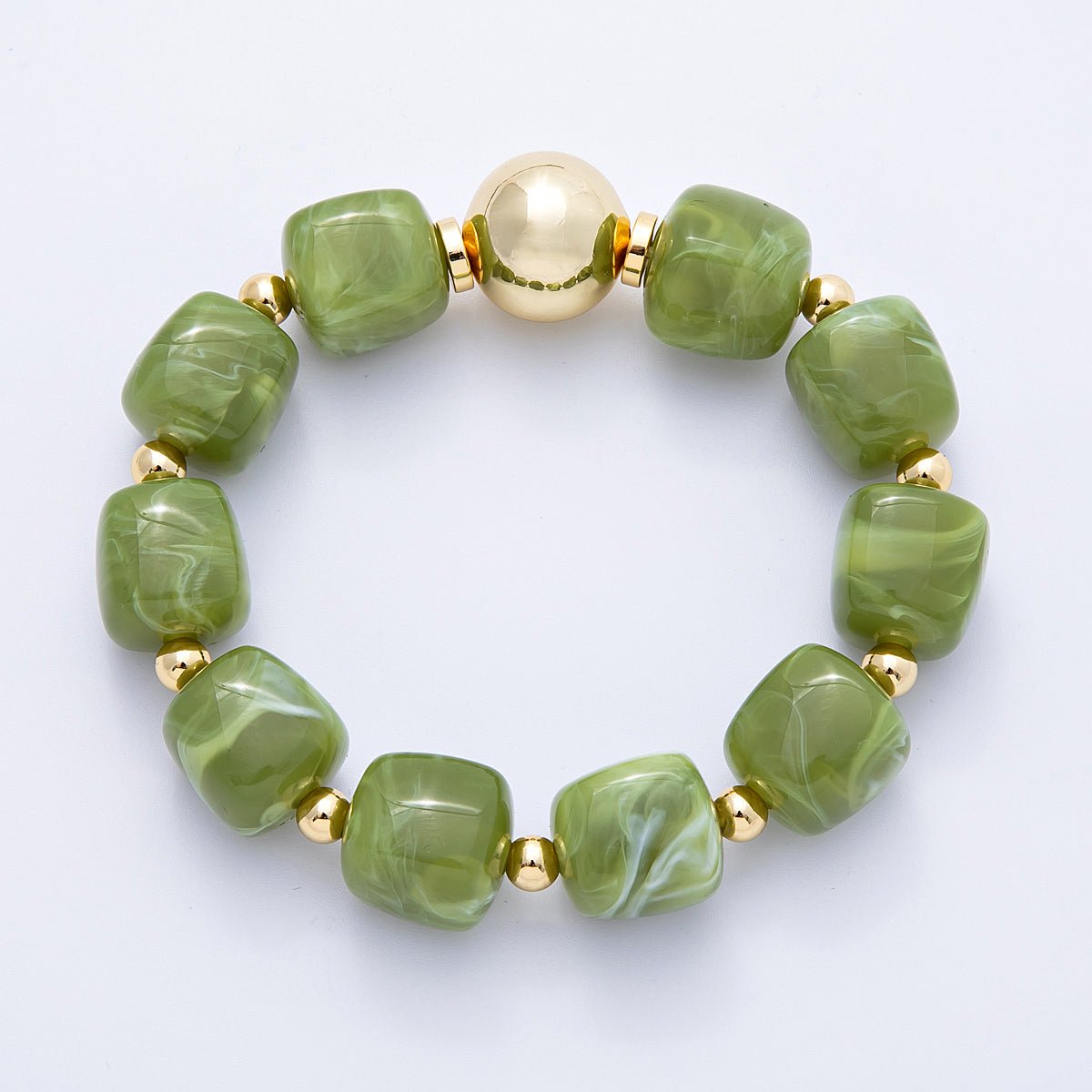 16K Gold Filled 8mm Brown, Green Marble Resin Bead Geometric Stretch Bracelet | WA - 4147 WA - 4148 - DLUXCA