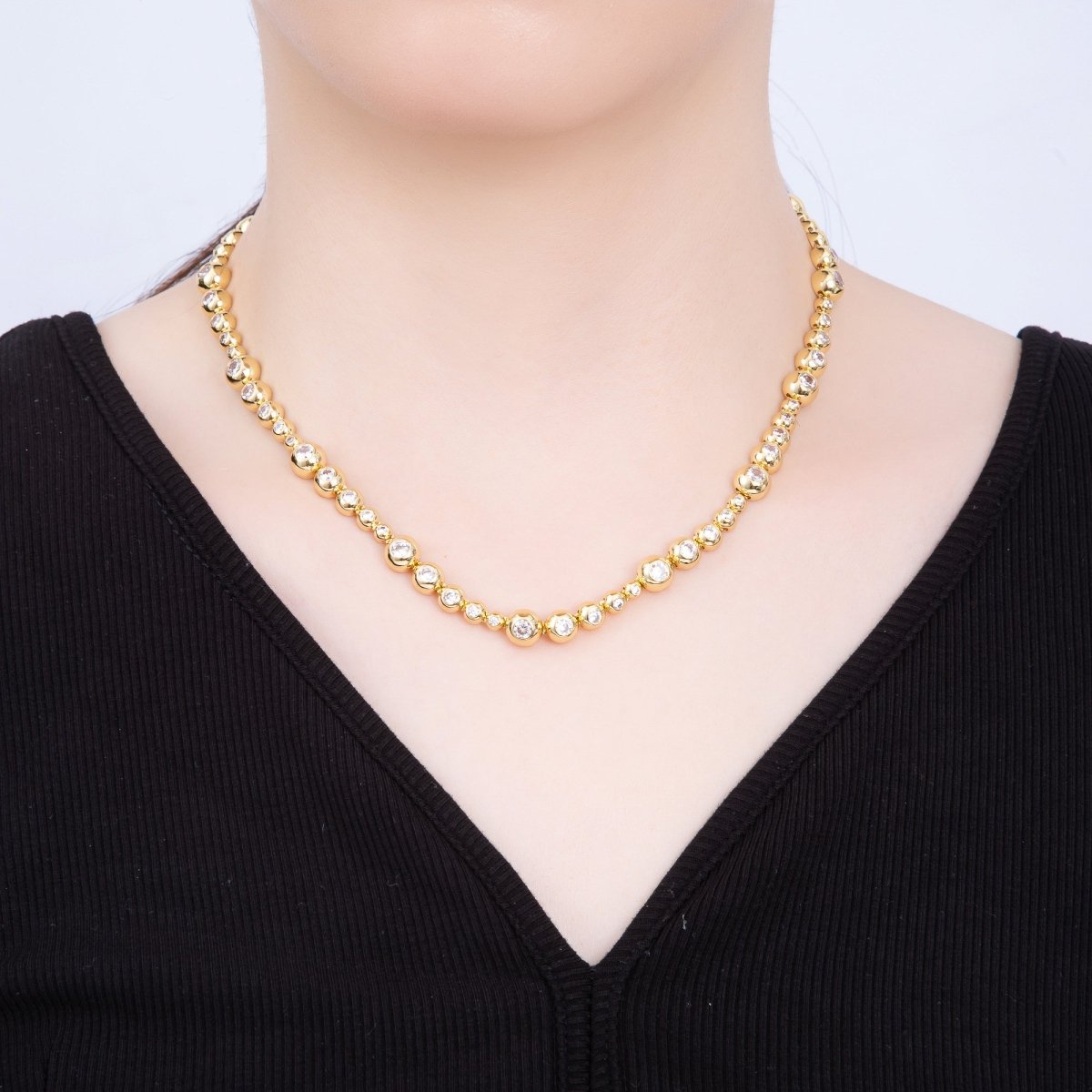 16K Gold Filled 8mm Clear CZ Round Graduated Bubble Ball Chain 17 Inch Necklace | WA - 04248 - DLUXCA