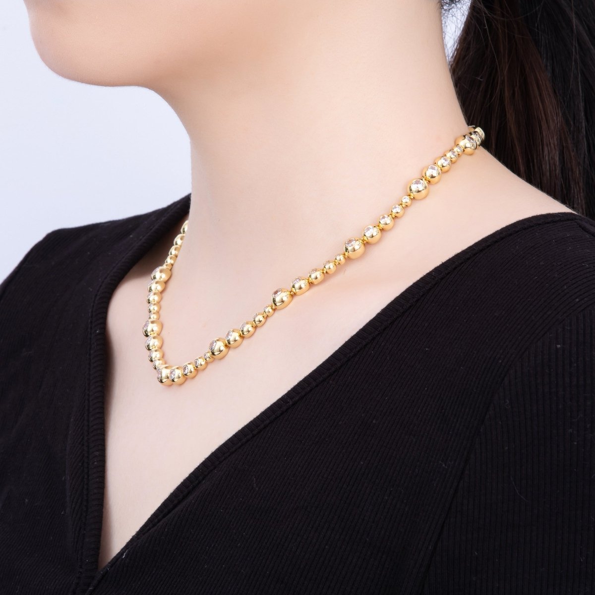 16K Gold Filled 8mm Clear CZ Round Graduated Bubble Ball Chain 17 Inch Necklace | WA - 04248 - DLUXCA