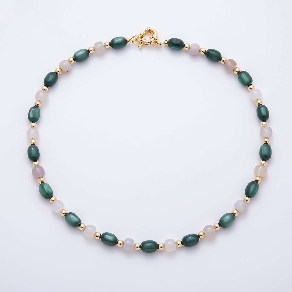 16K Gold Filled 8mm Dark Green Oval Pearl & Milky Quartz Beaded Gemstone 17 Inch Choker Necklace | WA-00312 - DLUXCA