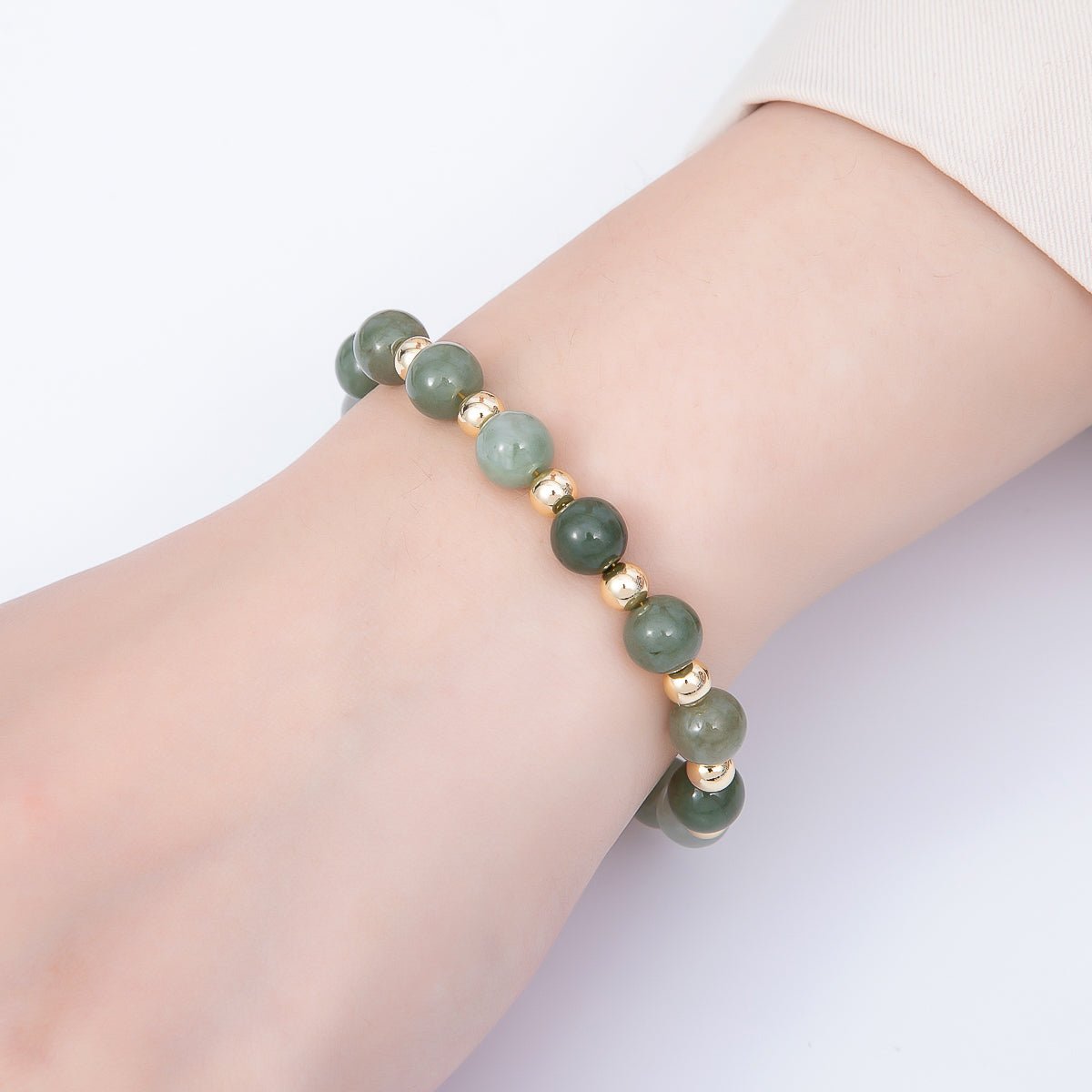 16K Gold Filled 8mm Green Aventurine Round Bead Gemstone Chain 7.5 Inch Bracelet w. Extender | WA-00213 - DLUXCA