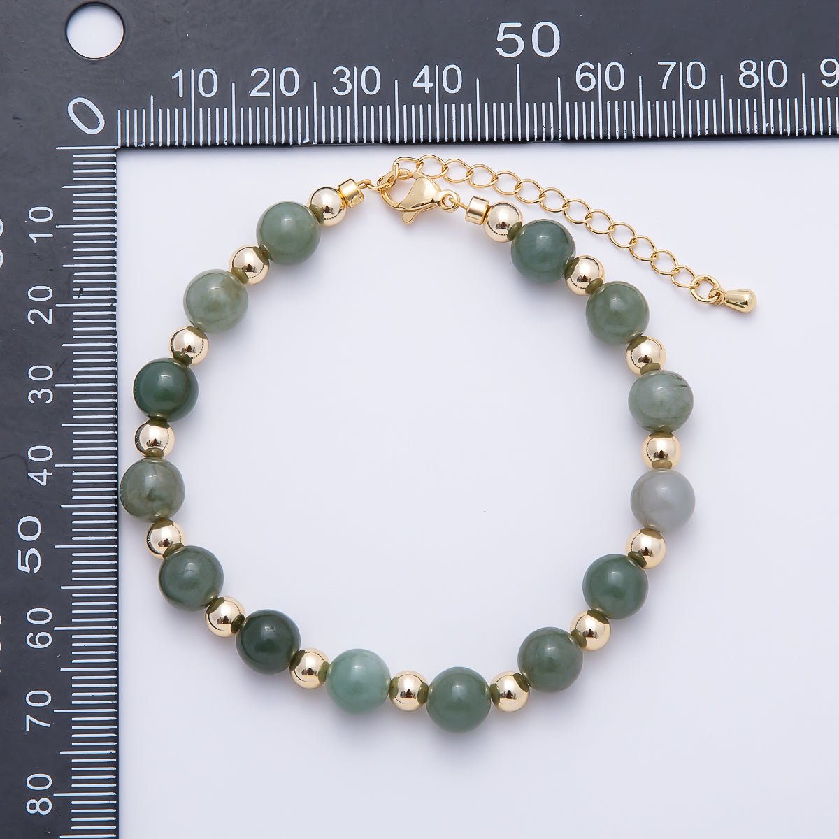 16K Gold Filled 8mm Green Aventurine Round Bead Gemstone Chain 7.5 Inch Bracelet w. Extender | WA-00213 - DLUXCA