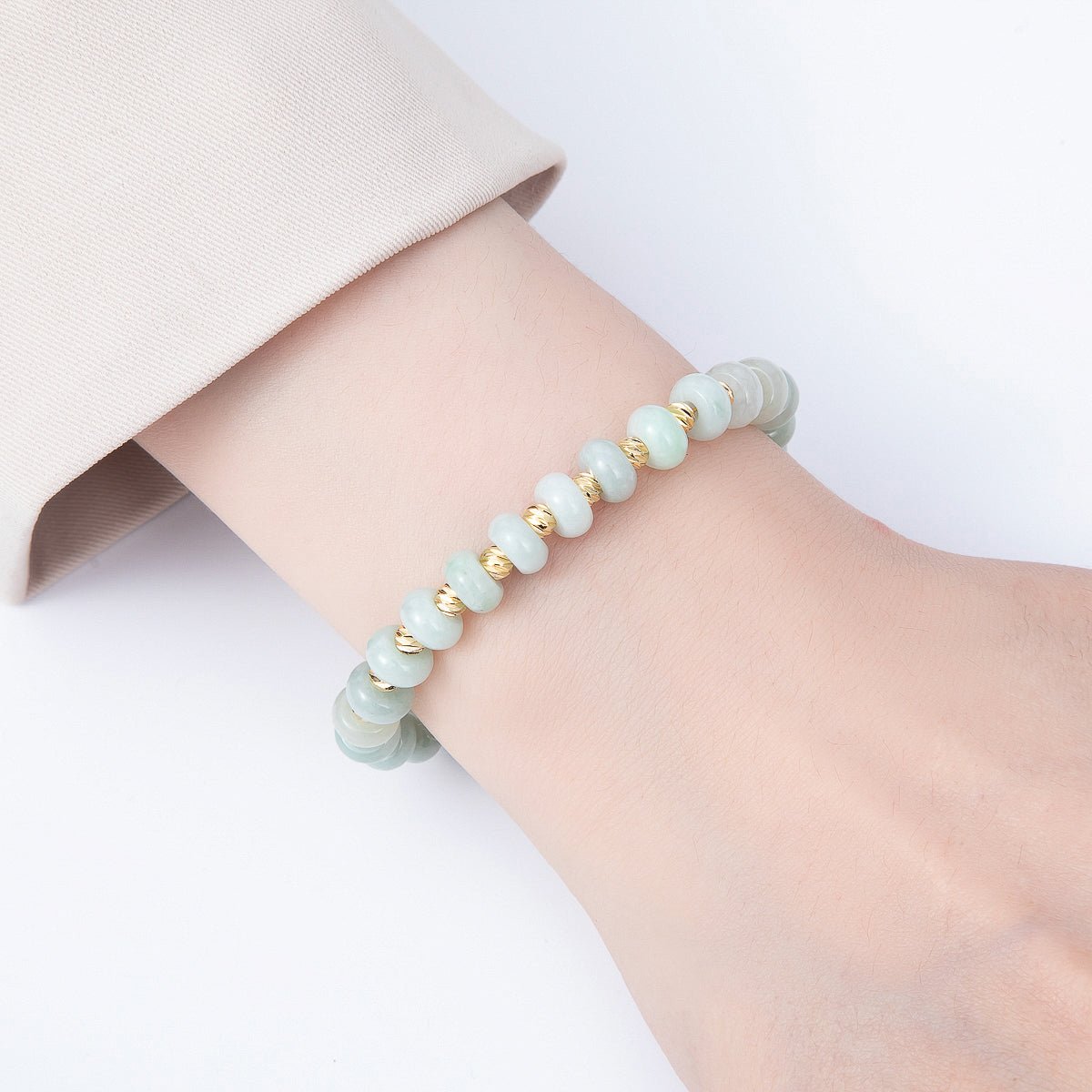 16K Gold Filled 8mm Light Green Aventurine Twisted Bead Rondelle Gemstone Chain 7 Inch Bracelet | WA-00056 - DLUXCA