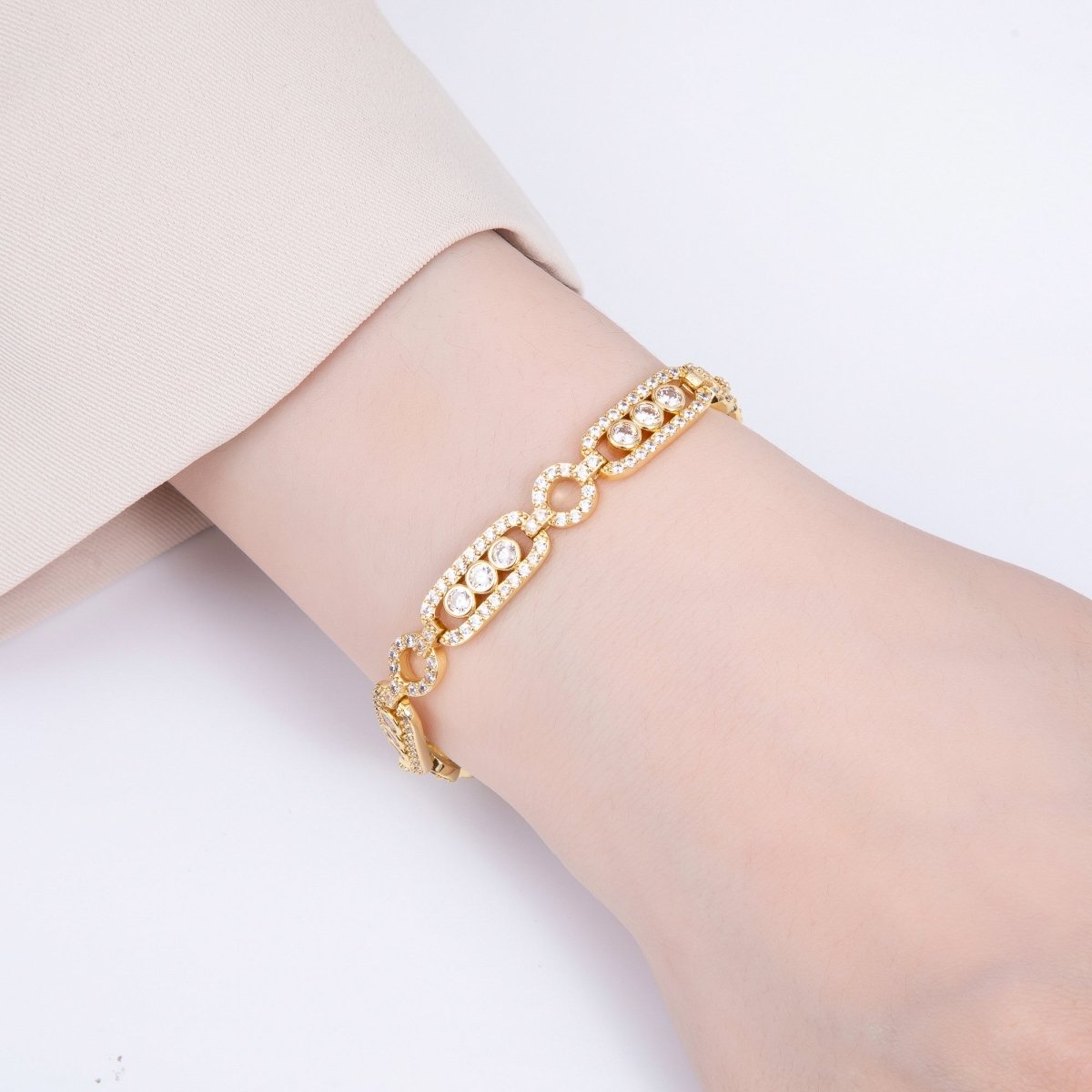 16K Gold Filled 8mm Micro Paved CZ Round Paperclip Chain 7 Inch Bracelet | WA - 04045 - DLUXCA