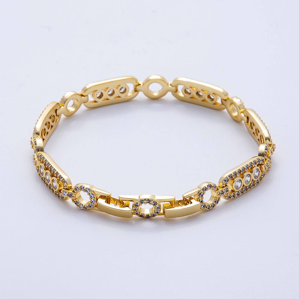 16K Gold Filled 8mm Micro Paved CZ Round Paperclip Chain 7 Inch Bracelet | WA - 04045 - DLUXCA