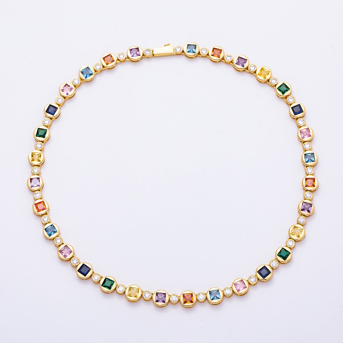 16K Gold Filled 8mm Multicolor CZ Round Square Tennis Chain 17 Inch Necklace | WA - 04287 - DLUXCA
