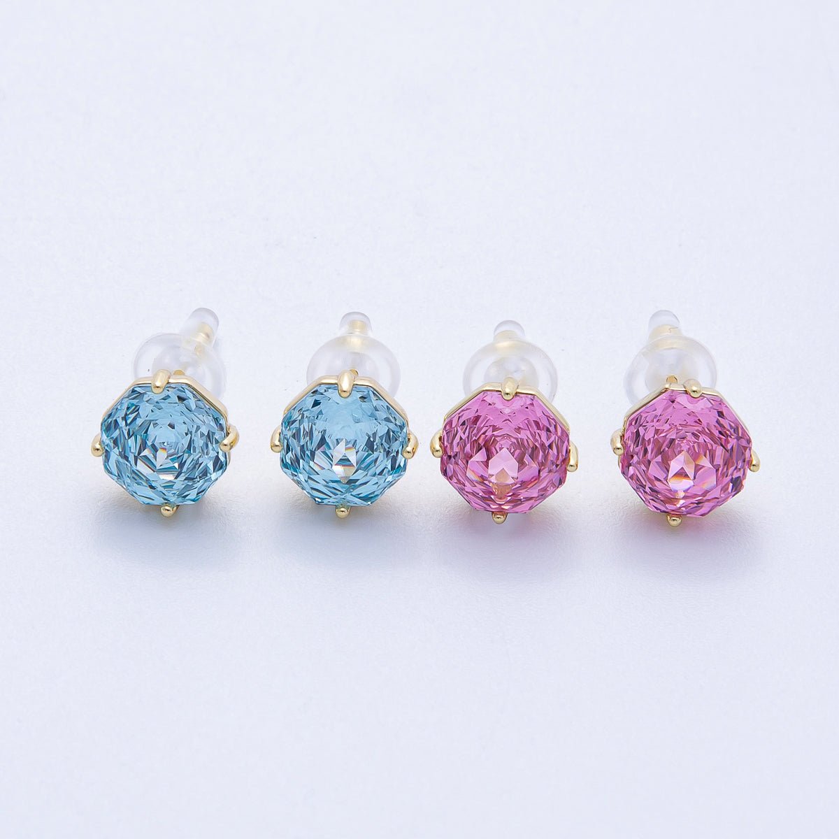 16K Gold Filled 8mm Pink, Blue Solitaire CZ Round Stud | Earrings - 00239 Earrings - 00240 - DLUXCA