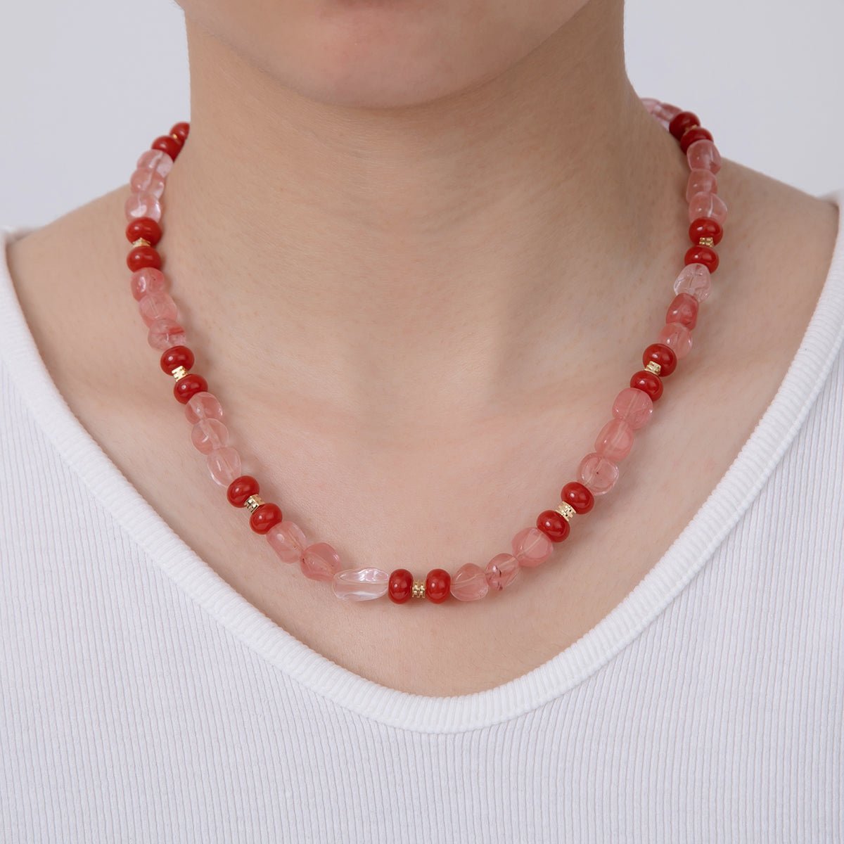 16K Gold Filled 8mm Red Quartz Carnelian Gemstone Bead 17.5 Inch Handmade Necklace | WA - 019 - DLUXCA