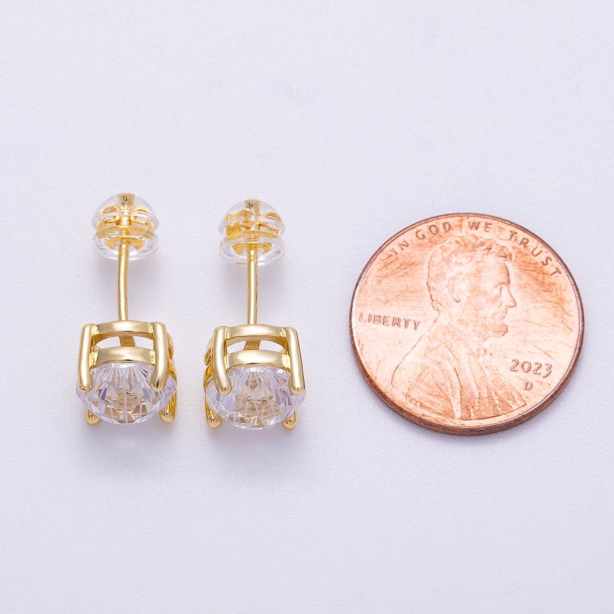 16K Gold Filled 8mm Round CZ Solitaire Bezel Stud Earrings | Earrings - 00329 - DLUXCA