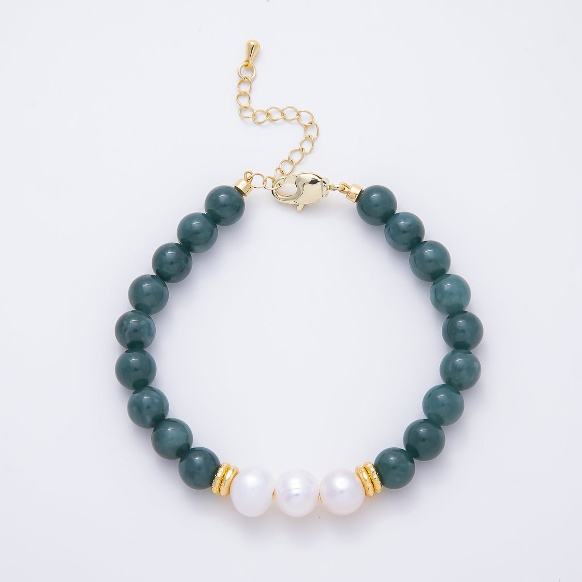 16K Gold Filled 8mm Shell Pearl Green Aventurine Bead Round Gemstone Chain 7.5 Inch Bracelet | WA-00060 - DLUXCA