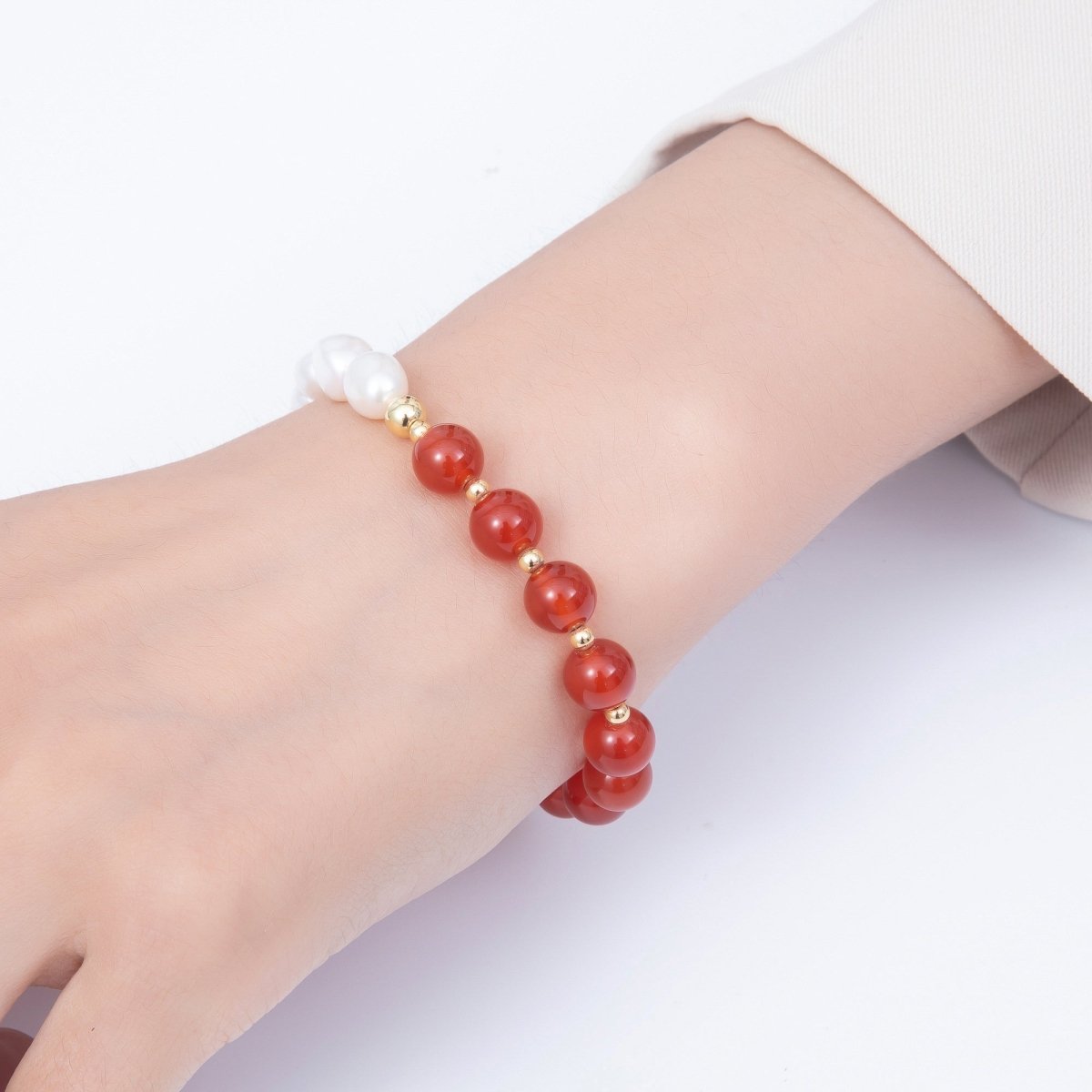16K Gold Filled 8mm White Freshwater Pearl Carnelian Round Gemstone Chain 7 Inch Bracelet w. Extender | WA-00273 - DLUXCA