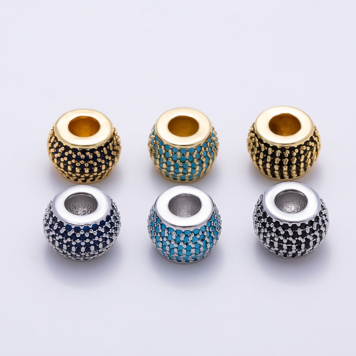 16K Gold Filled 9mm Black, Blue, Turquoise Micro Paved CZ Wide Large Hole Rondelle Bead in Gold & Silver | Beads-00521 ~ Beads-00526 - DLUXCA