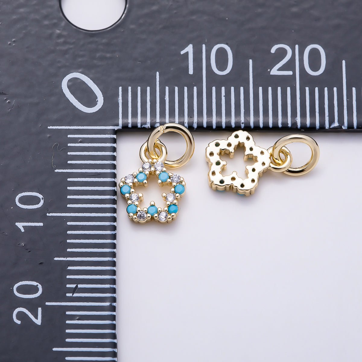 16K Gold Filled 9mm Blue Turquoise Clear Micro Paved CZ Open Celestial Star Charm | Charms-01621 - DLUXCA