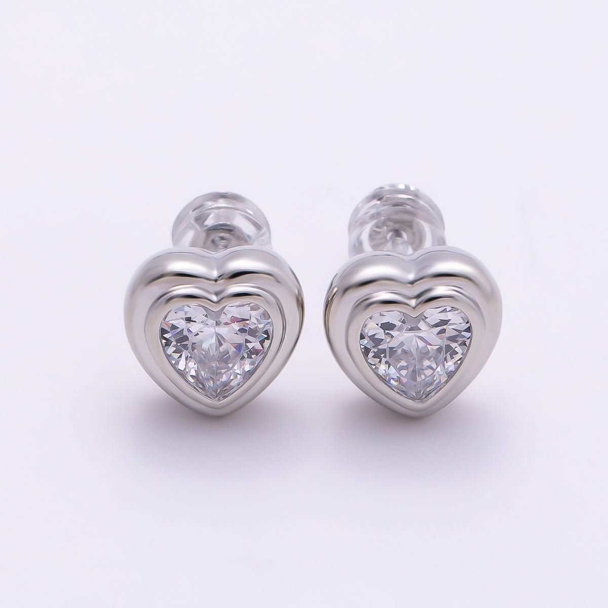 16K Gold Filled 9mm Clear CZ Love Heart Bezel Stud Earrings in Gold & Silver | Earrings-00417 Earrings-00418 - DLUXCA