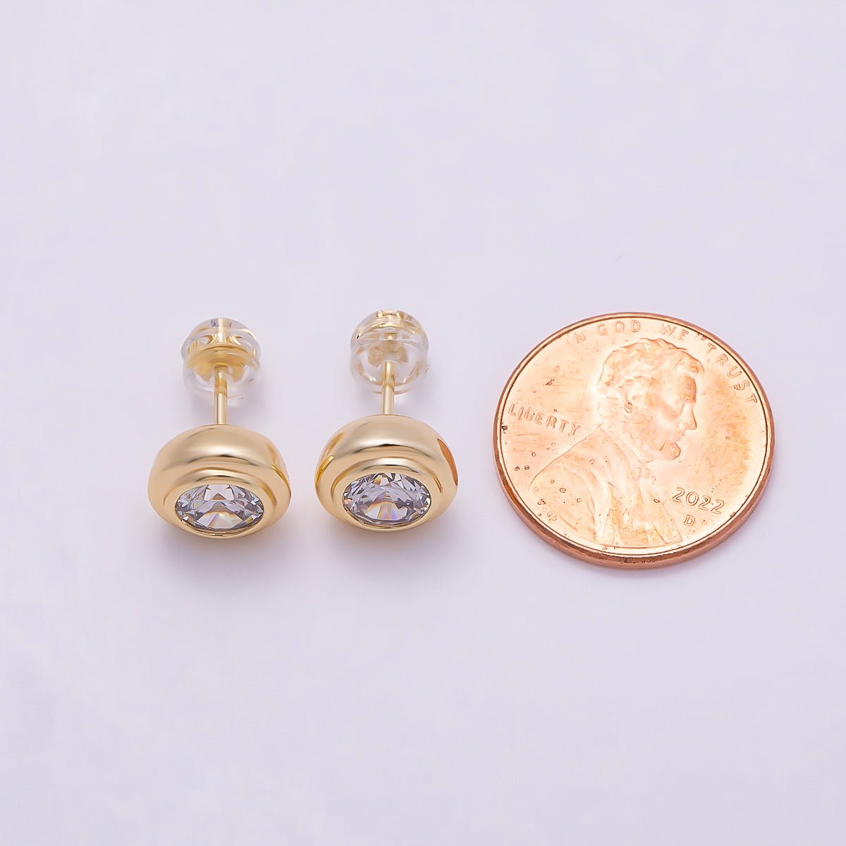 16K Gold Filled 9mm Clear CZ Round Bezel Stud Earrings in Gold & Silver | Earrings-00425 Earrings-00426 - DLUXCA