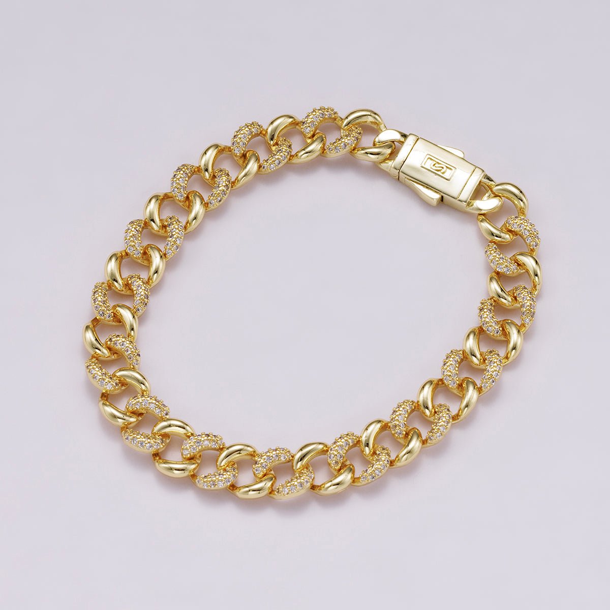 16K Gold Filled 9mm Micro Paved CZ Curb Chain 7 Inch Bracelet | WA - 04331 - DLUXCA