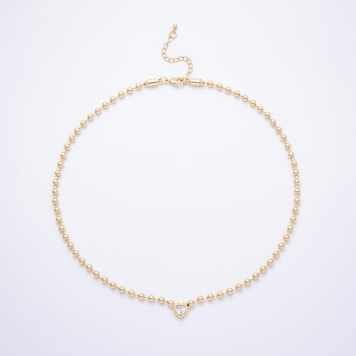16K Gold Filled 9mm Mini Heart CZ Minimalist Ball Chain 18 Inch Necklace | WA-00318 - DLUXCA