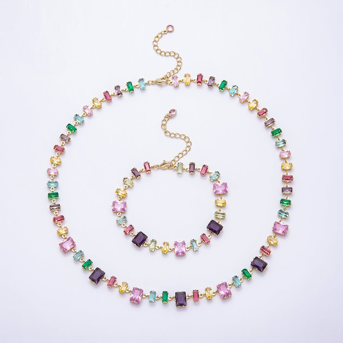 16K Gold Filled 9mm Multicolor Baguette CZ Station 17 Inch Necklace and Bracelet Set | WA-00429 - DLUXCA