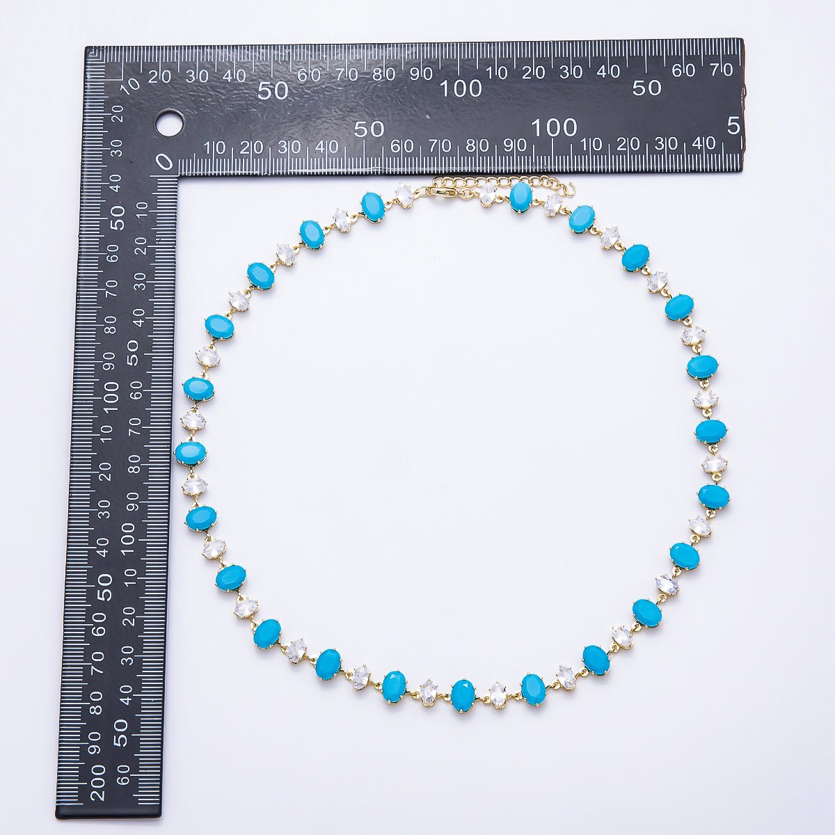 16K Gold Filled 9mm Oval Turquoise & Marquise CZ Station 17 Inch Necklace and Bracelet Set | WA-00418 - DLUXCA